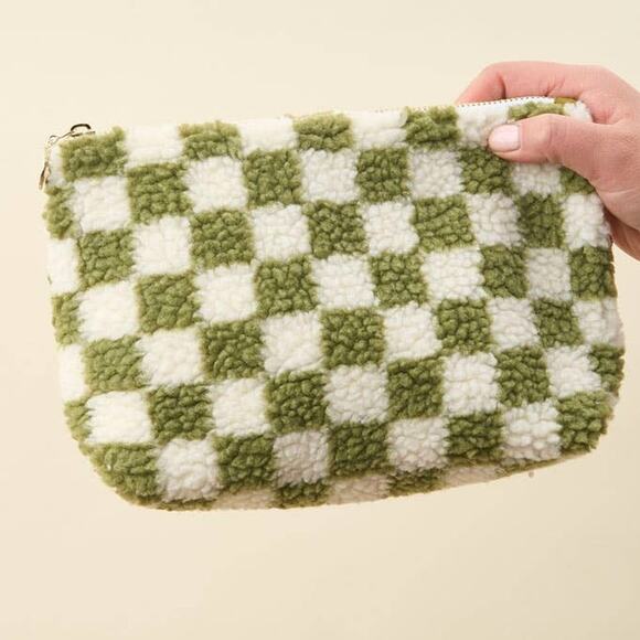 Sherpa Teddy Travel Cosmetic Pouch Check Green White - Picture 2 of 6